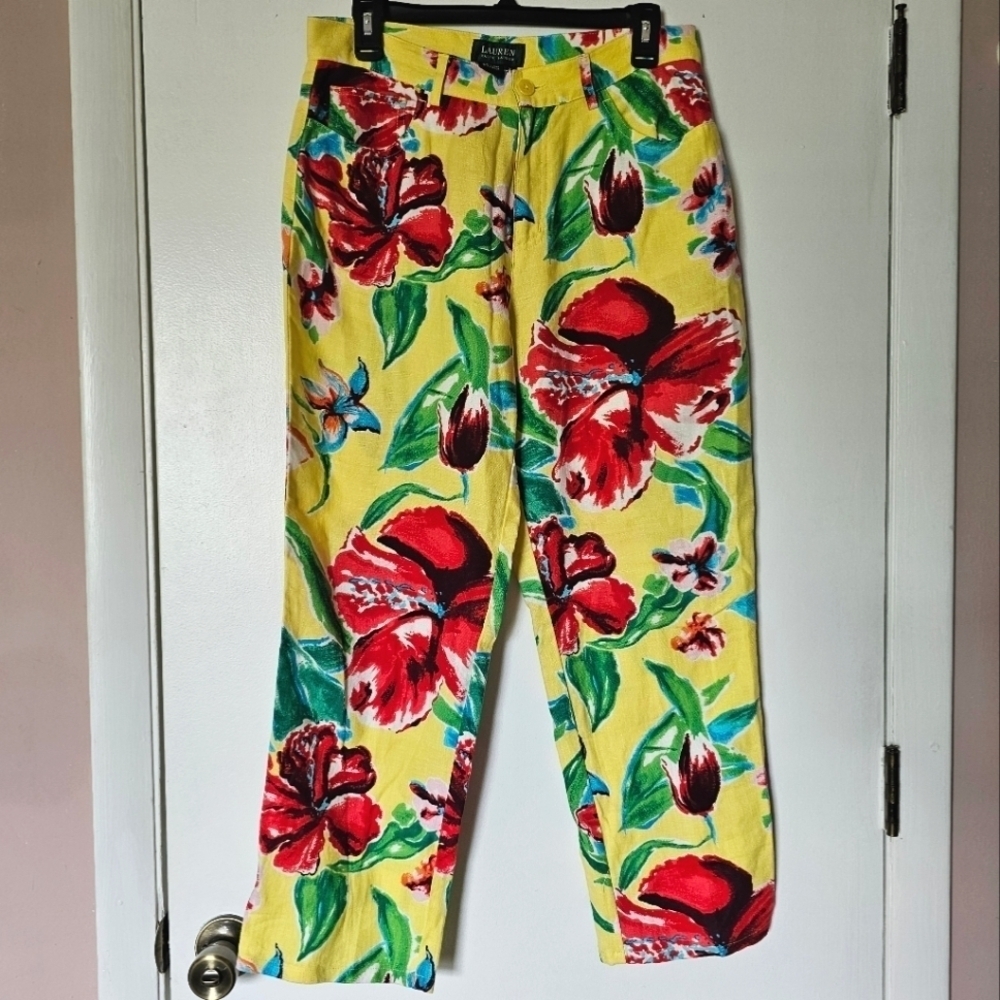 Lauren Ralph Lauren linen yellow floral bright tropical pants Size 8